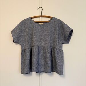 Blue Linen Cotton Short Sleeve Peplum Top
